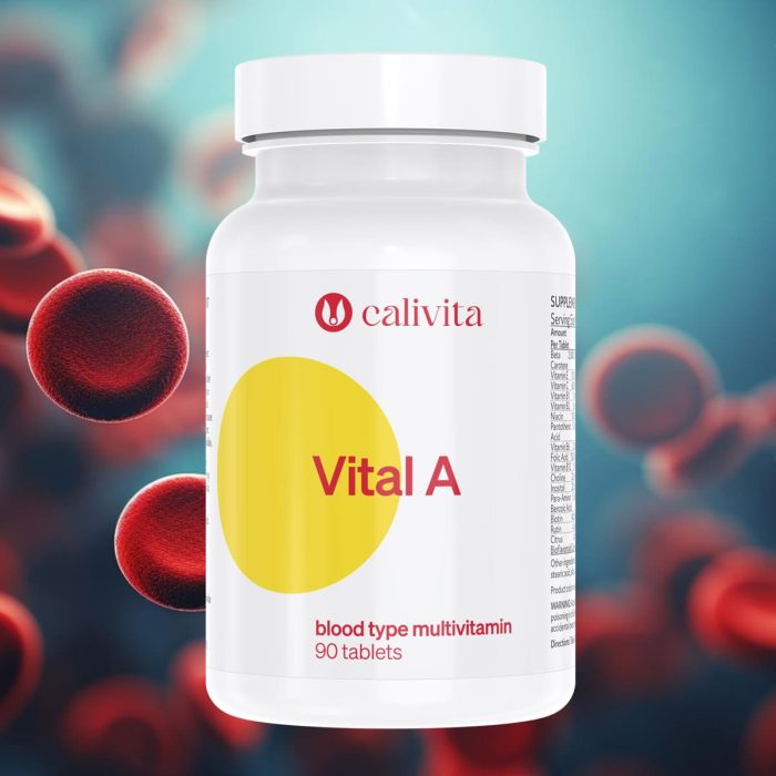 Calivita Vital A multivitaminski kompleks za krvnu grupu A u bijeloj bočici s velikim žutim krugom na pozadini crvenih krvnih stanica, 90 tableta