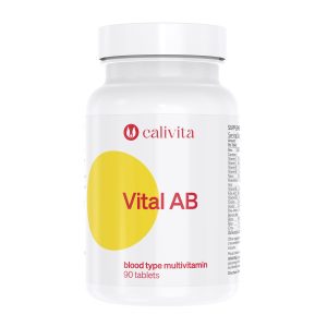 Calivita Vital AB multivitaminski kompleks za krvnu grupu AB u bijeloj bočici s velikim žutim krugom, 90 tableta