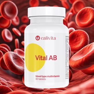 Calivita Vital AB multivitaminski kompleks za krvnu grupu AB u bijeloj bočici s velikim žutim krugom na pozadini crvenih krvnih stanica, 90 tableta