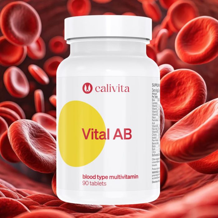 Calivita Vital AB multivitaminski kompleks za krvnu grupu AB u bijeloj bočici s velikim žutim krugom na pozadini crvenih krvnih stanica, 90 tableta