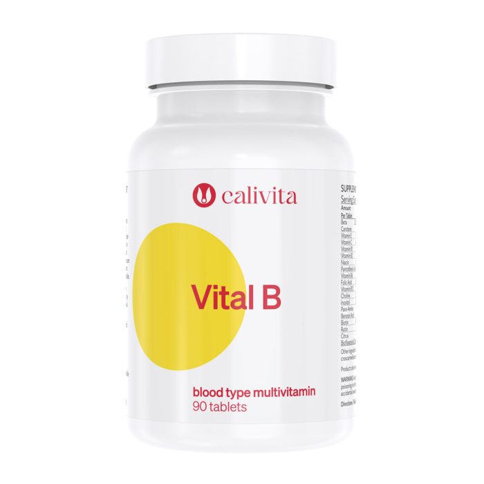 Calivita Vital B multivitaminski kompleks za krvnu grupu B u bijeloj bočici s velikim žutim krugom, 90 tableta