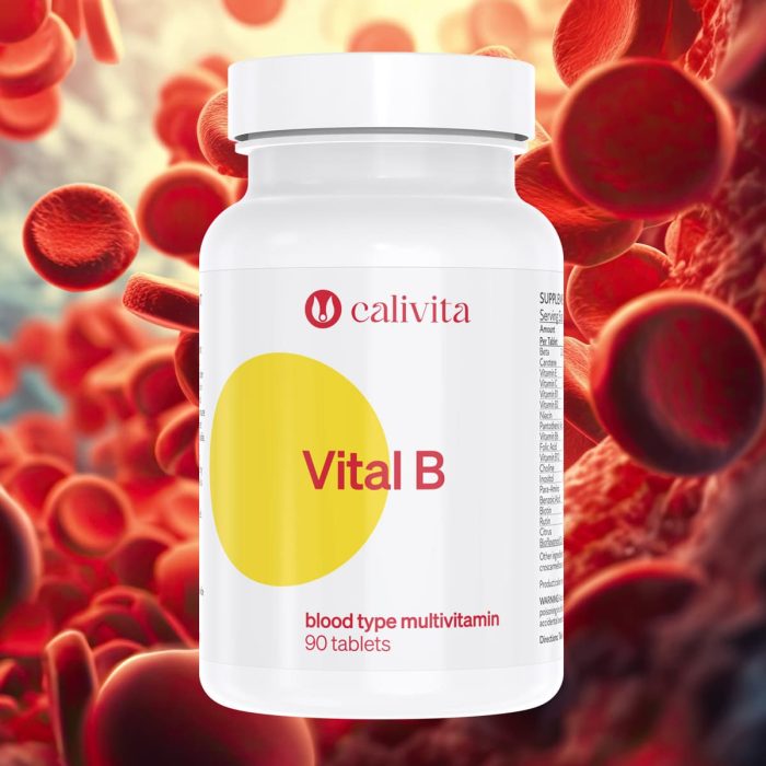Calivita Vital B multivitaminski kompleks za krvnu grupu B u bijeloj bočici s velikim žutim krugom na pozadini crvenih krvnih stanica, 90 tableta