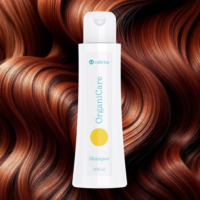 Calivita OrganiCare organski šampon za kosu 200ml bijela bočica na pozadini sjajne smeđe kose