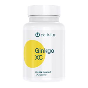 Calivita Ginkgo XC bijela plastična bočica s 100 tableta za mentalnu podršku, žuti logo na bijeloj pozadini