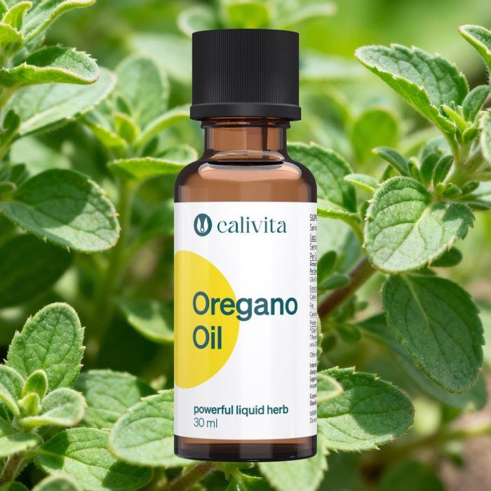 Calivita Oregano Oil – Prirodni antibiotik, moćno ulje origana na biljnoj pozadini (30ml) Calivita Oregano Oil 30ml prirodni antibiotik s realističnom pozadinom svježeg origana
