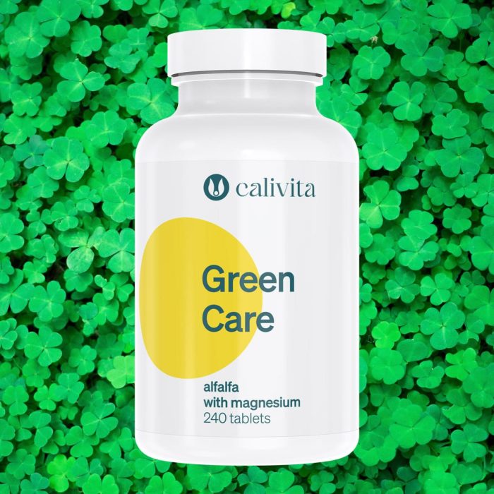 Calivita Green Care boca s 240 tableta lucerne i magnezija na prirodnoj pozadini zelenih listova