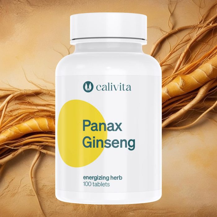 Calivita Panax Ginseng bijela boca 100 tableta za energiju na pozadini sušenih korijena ginsenga