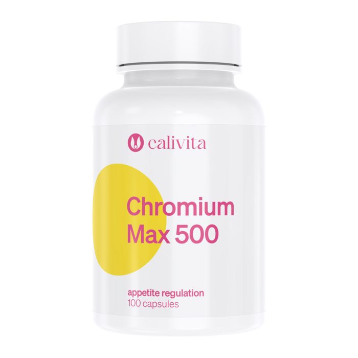 Chromium Max 500 - Krom Pikolinat 100 Kapsula za Metabolizam i Kontrolu Glukoze Calivita Chromium Max 500 bočica s 100 kapsula kromovog pikolinata za regulaciju šećera u krvi i kontrolu apetita, bijela ambalaža s ružičastim natpisom