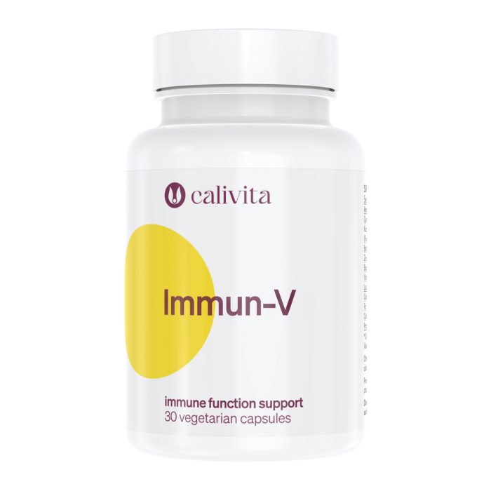 Calivita Immun-V - 30 Vegetarijanskih Kapsula za Podršku Imunološkom Sustavu Calivita Immun-V dodatak prehrani u bijeloj bočici s 30 vegetarijanskih kapsula za jačanje imuniteta s beta glukanom i kvercetinom