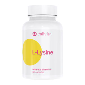 Calivita L-Lysine PLUS bočica s 60 kapsula lizina 500 mg za kolagen i prevenciju herpesa, bijela ambalaža s ružičastim i žutim dizajnom