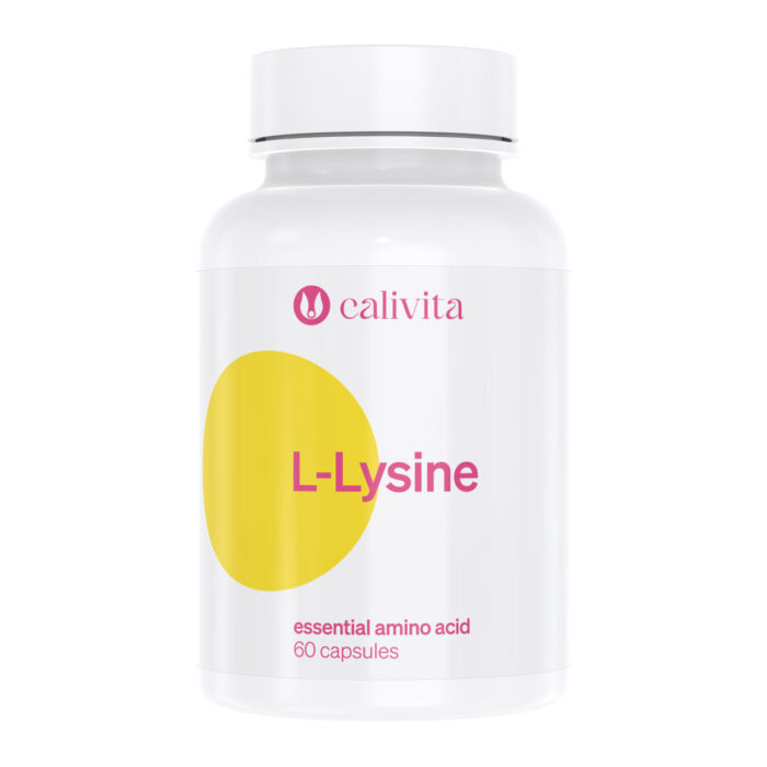 L-Lysine PLUS 500 mg - Esencijalna Aminokiselina za Kolagen i Zaštitu od Virusa (60 Kapsula) Calivita L-Lysine PLUS bočica s 60 kapsula lizina 500 mg za kolagen i prevenciju herpesa, bijela ambalaža s ružičastim i žutim dizajnom