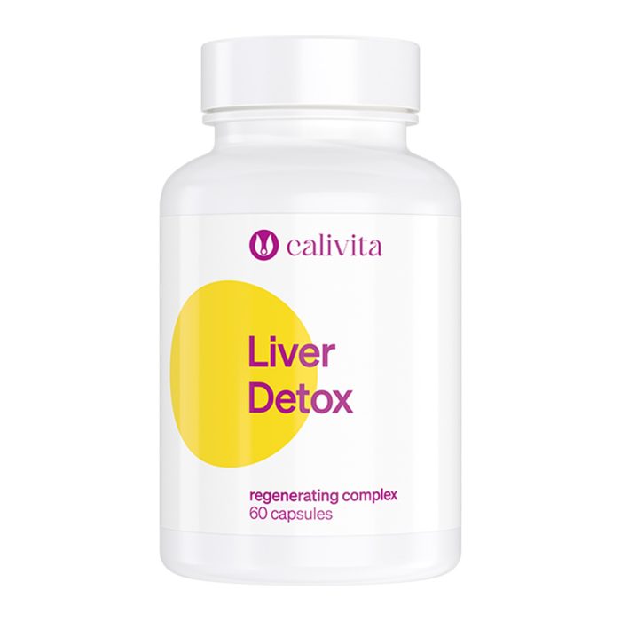 CaliVita Liver Detox - Regeneracijski Kompleks za Detoksikaciju i Oporavak Jetre CaliVita Liver Detox regeneracijski kompleks za detoksikaciju jetre u boci od 60 kapsula bijele boje s ljubičastim natpisom