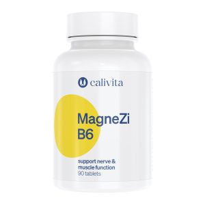 Bijela bočica dodatka prehrani Calivita Magnezi B6 sa žutim dizajnom, koji sadrži 90 tableta za pomoć kod stresa, umora i grčeva u mišićima.