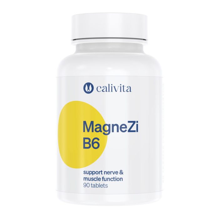 Bijela bočica dodatka prehrani Calivita Magnezi B6 sa žutim dizajnom, koji sadrži 90 tableta za pomoć kod stresa, umora i grčeva u mišićima.
