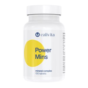 Bijela bočica dodatka prehrani Calivita Power Mins, kompleks sa 100 tableta esencijalnih minerala za podršku kostima, imunitetu i energiji.