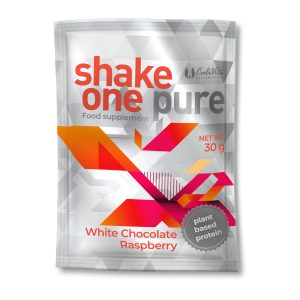 Jednokratna vrećica Calivita Shake One Pure veganskog proteina od 30 g, okus bijela čokolada i malina, na bijeloj pozadini.