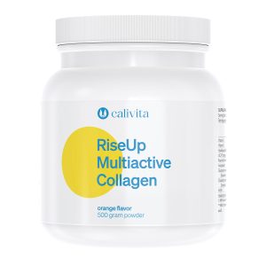 Velika posuda Calivita RiseUp Multiactive Collagen praha od 500g s okusom naranče, sadrži hidrolizirani i UC-II kolagen, glukozamin, MSM i šipak za regeneraciju hrskavice.